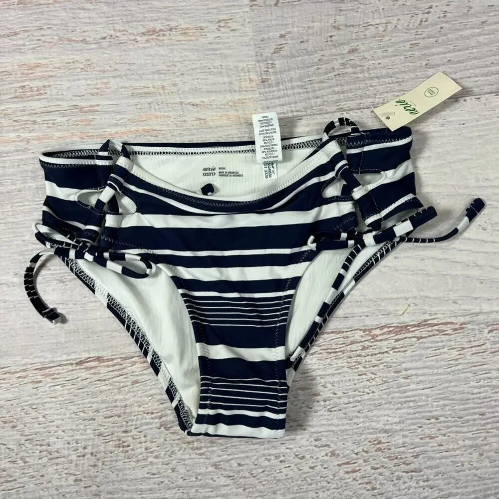 Aerie Side Tie Bikini Bottom Navy White Stripe Size XXS NWT